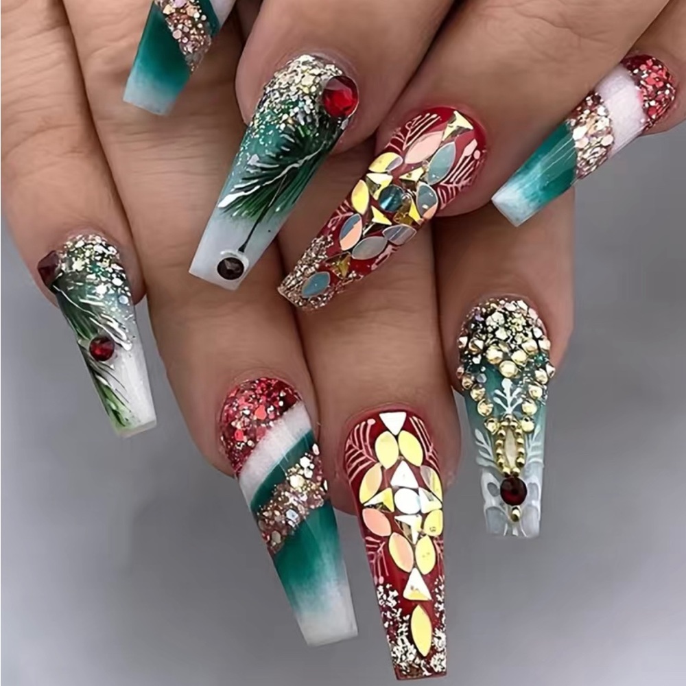 24pcs Glossy Long, Red Green Ombre Press On Nails W/ Rhinestone Christmas Tree